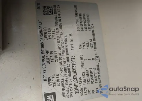 2012 Chevrolet Equinox Ls z USA, uszkodzony, nr VIN 2GNFLCEK9C6376678